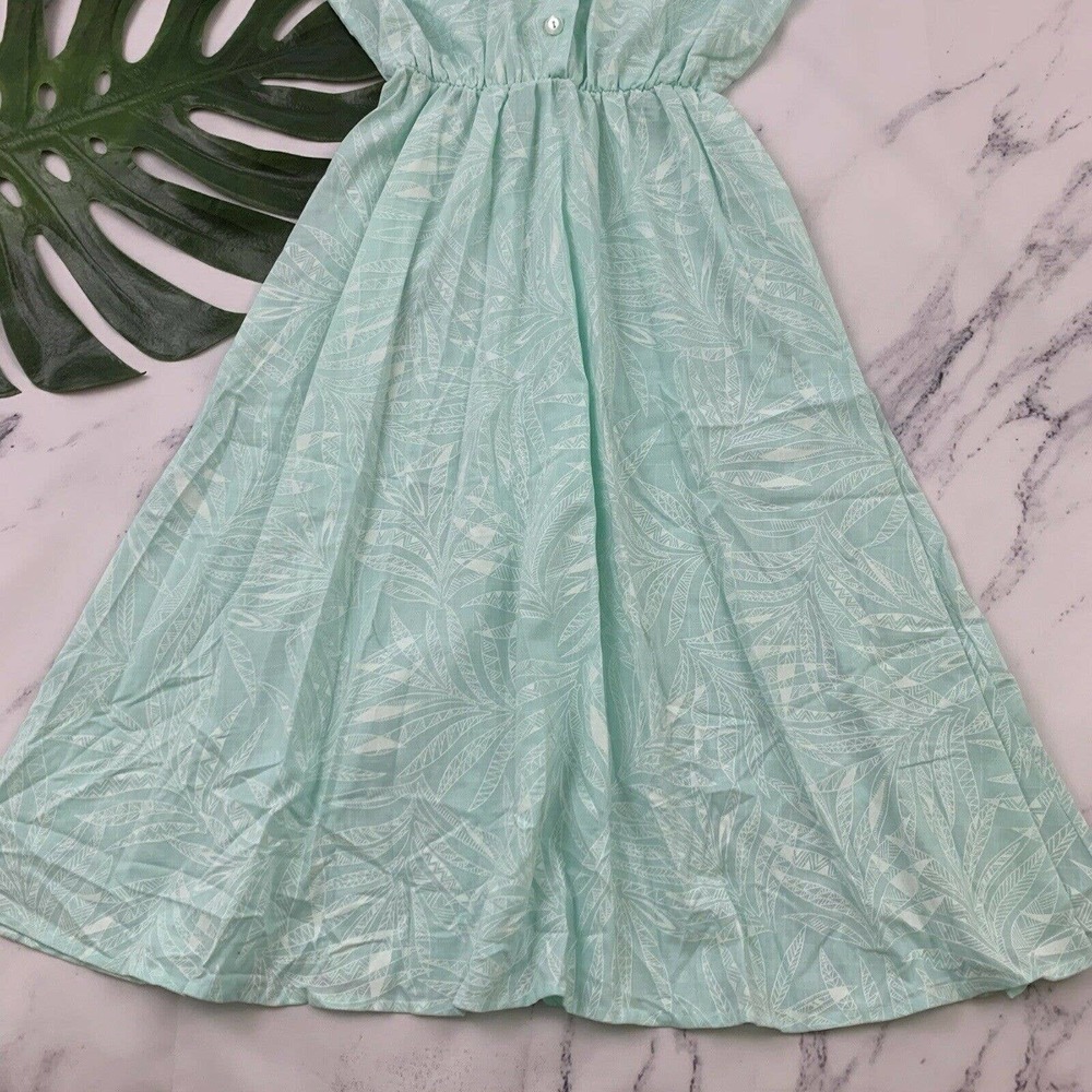 Womens Vintage Shirt Dress Size 8 Petite Mint Green Tropical Floral Midi Pastel - Picture 4 of 11